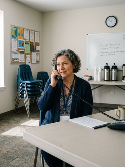 A professional clinical admissions counselor speaks on the phone with a prospective patient about treatment options.