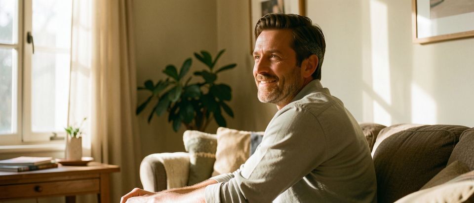 A confident man sits in a sunlit room while beginning the formal admissions process at a residential men's rehab center.
