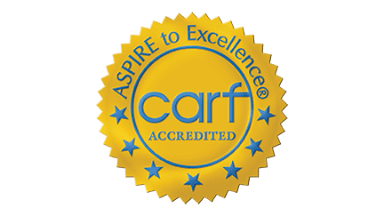 CARF International gold seal of accreditation for Clay Crossing Foundation, meeting person-centered standards of care.