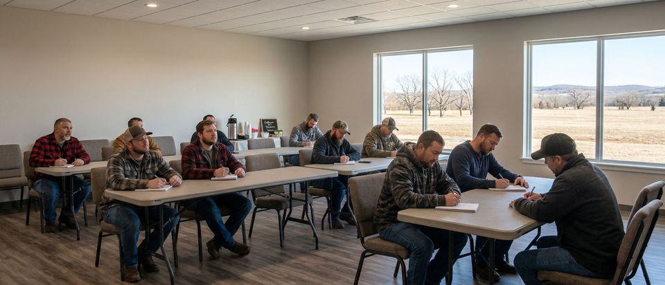 Men attentively take notes during a clinical setting presentation, focusing on their personal growth and education.