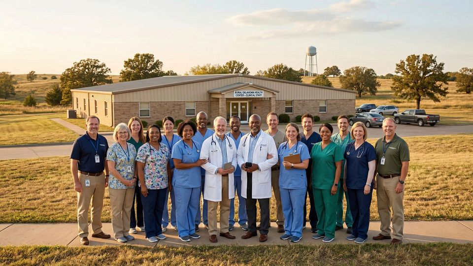 The professional clinical staff stand together in front of the campus building, ready to support new residents.