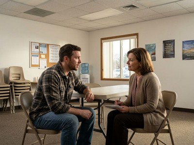A man has a deep and meaningful conversation with a support counselor within a private room at the rehab center.