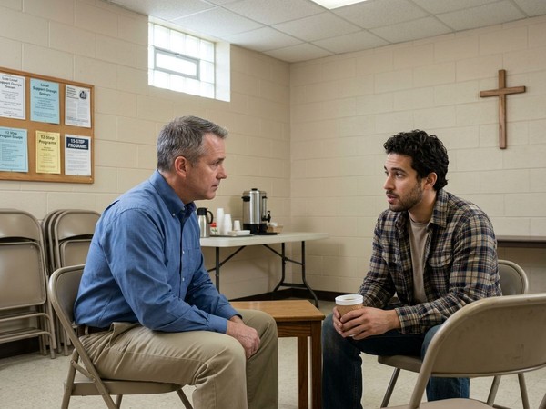 Two men remain focused during a professional clinical dual diagnosis counseling session within a supportive environment.