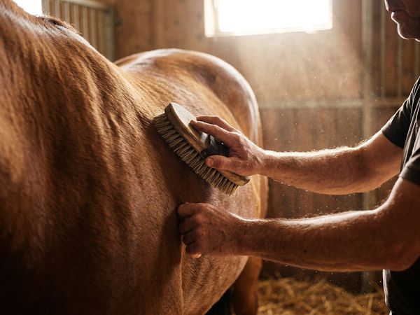 A man carefully grooms a horse in the warm barn light while participating in an equine therapy session on campus.