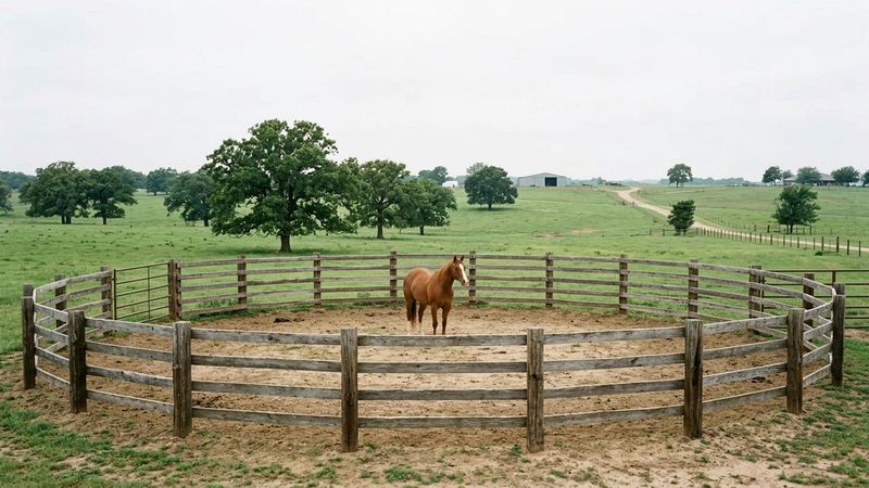 An outdoor round pen equine therapy arena at the men's rehab center provides a focused space for horse interactions.