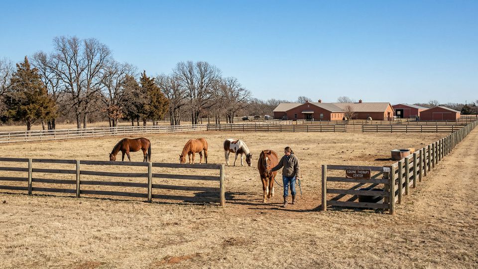 An exterior view of the campus reveals the dedicated equine therapy pasture and functional ranch buildings.