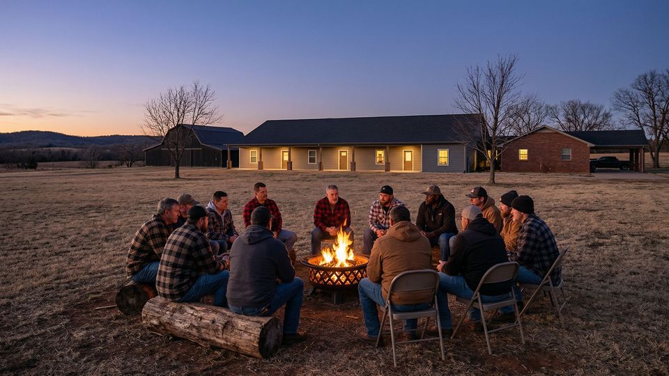 A group of men gathers around an evening firepit for a support group session, sharing experiences in a peaceful setting.