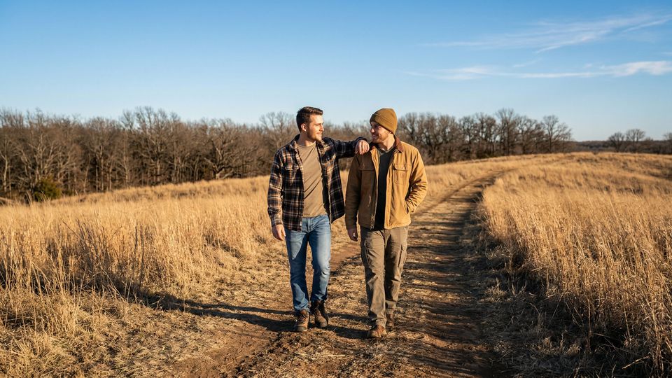 Two men find direction while walking together on a peaceful nature trail in the rural Oklahoma countryside.