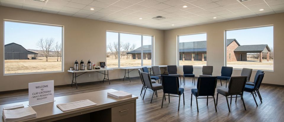 Insurance benefits documentation rests on a modern lobby desk next to a welcoming sign at the treatment facility.