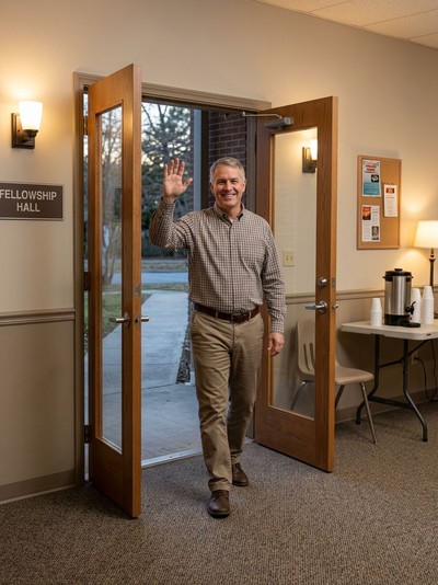 Person walking out the entrance doors, viewed from the reception desk