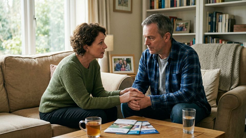 A concerned loved one speaks supportively to a man about starting his journey through residential alcohol rehab treatment.