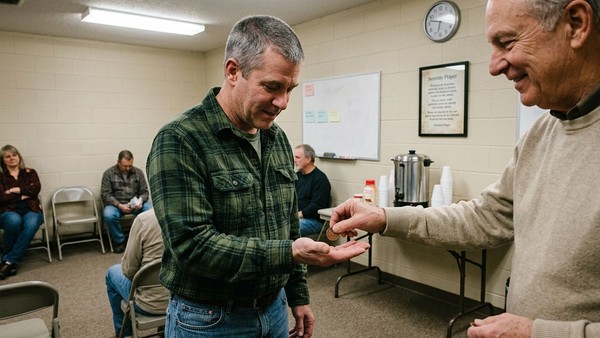 A man receives his first sobriety chip during a meaningful ceremony at the residential addiction treatment center.