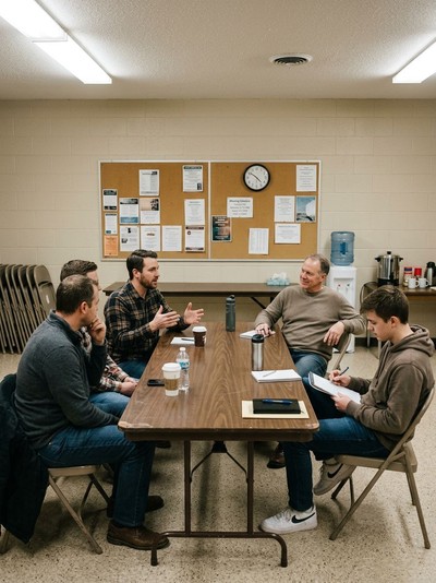 A candid group of men participates in a support meeting within a comfortable room at the addiction treatment center.