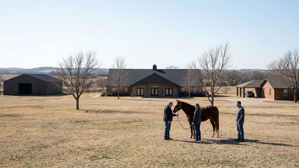 A group of men participates in restorative equine-assisted therapy while interacting with horses on the campus grounds.