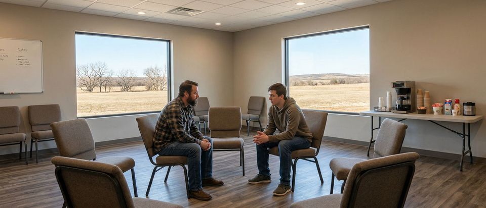 Two men talk supportively inside the modern addiction treatment facility, fostering a sense of community and hope.