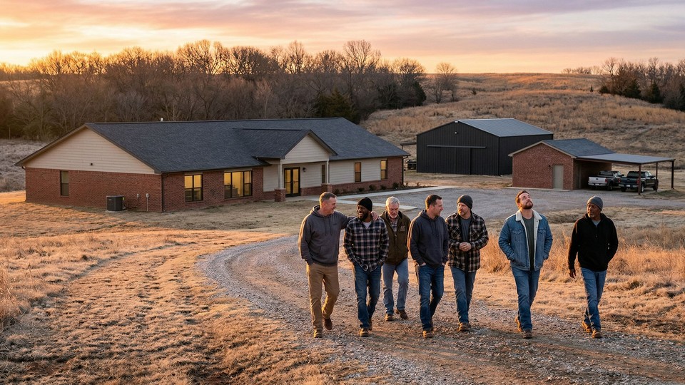 A group of men walks together in the serene Oklahoma landscape at dawn, symbolizing a new beginning in recovery.