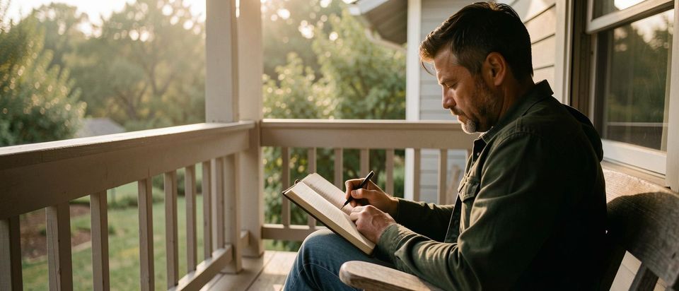 A man journals quietly on a porch at a residential alcohol rehab treatment center, showing deep reflection and recovery.