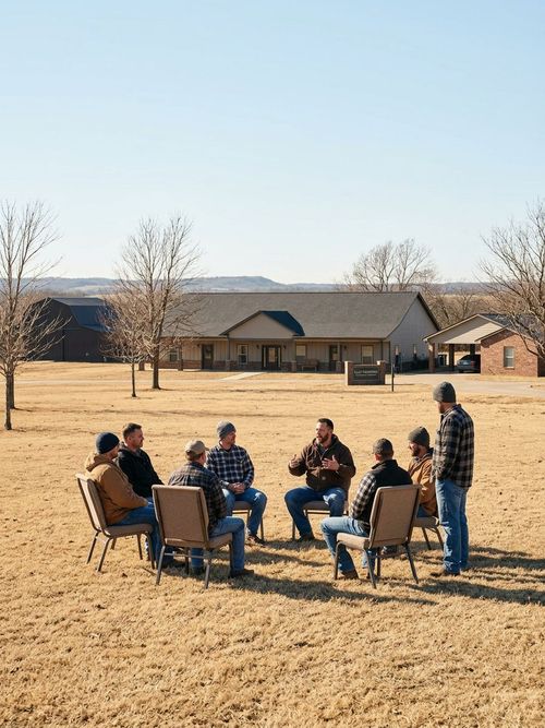 Men walk together on a supportive path through the Oklahoma countryside while attending a residential men's rehab.