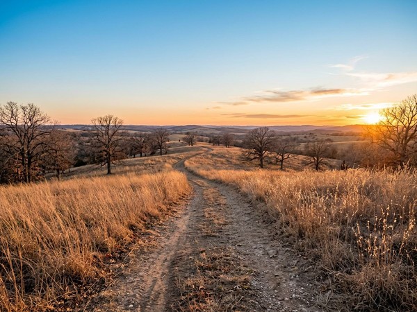 A beautiful nature pathway at sunset on the men's rehab campus in rural Oklahoma provides a serene trail for reflection.