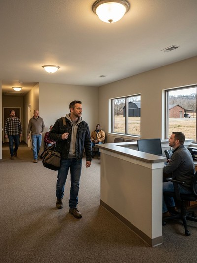 A new patient enters the reception area of the residential men's rehab center to begin his intake process.