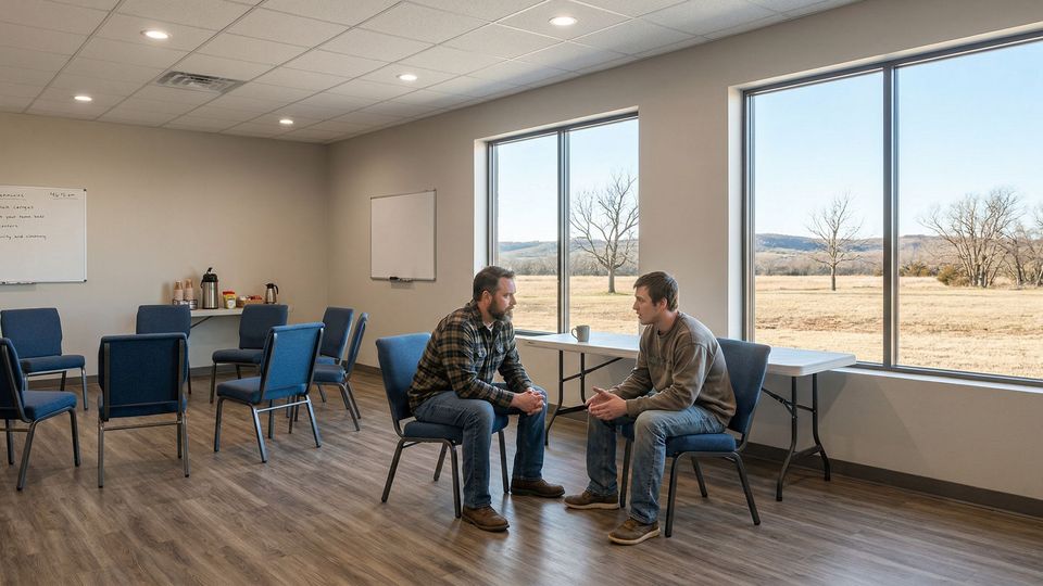 Two men engage in a serious one-on-one counseling conversation to address the underlying causes of addiction.