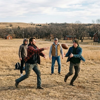 Two men enjoy a recreational outdoor activity by throwing a football on the sprawling treatment center campus.