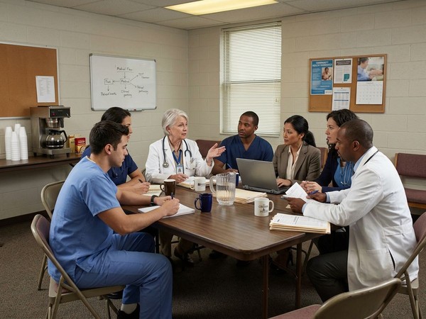 The professional clinical team gathers for a collaborative meeting in a modern room to discuss residential patient care.