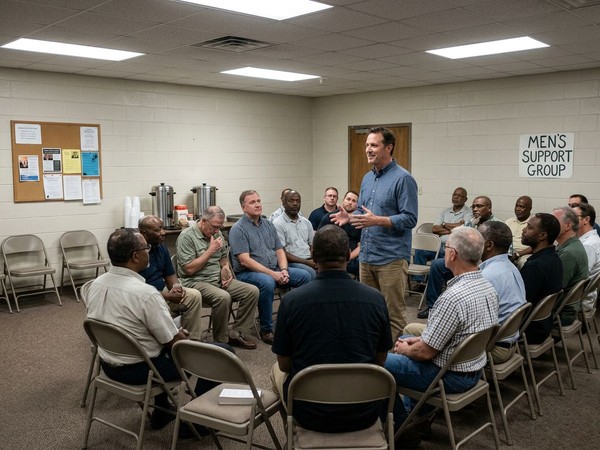 A returning alumni guest speaks supportively to a group of current members about his personal journey through recovery.
