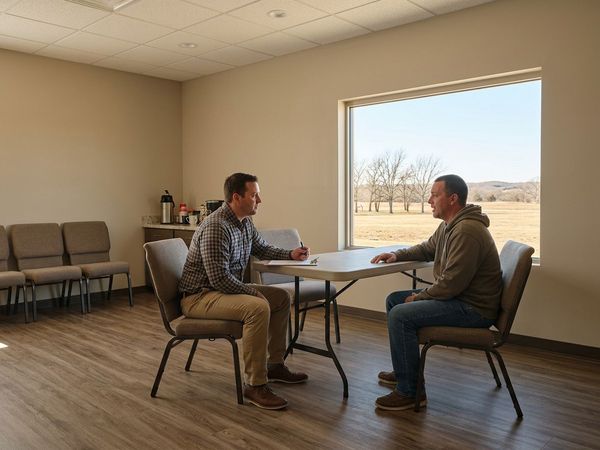 A professional counselor conducts a detailed drug rehab assessment with a male resident in a private setting.