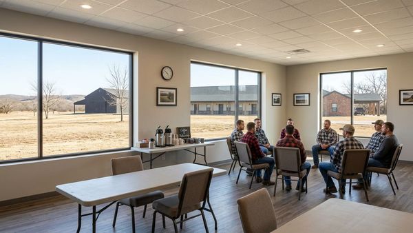 The spacious eating area and mess hall at the residential treatment facility provide a communal space for home-cooked meals.