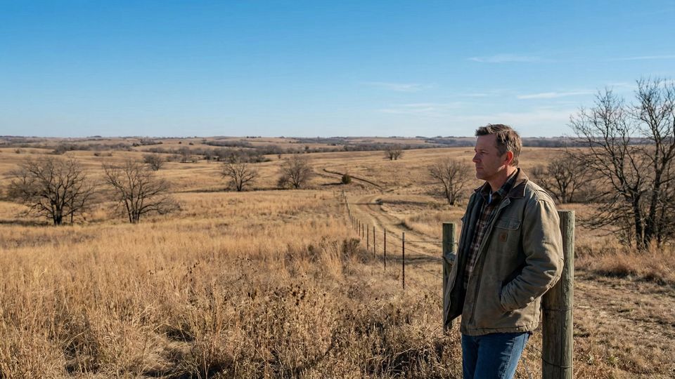 A man looks out over the rural Oklahoma landscape, taking in the restorative campus scenery and quiet horizon.