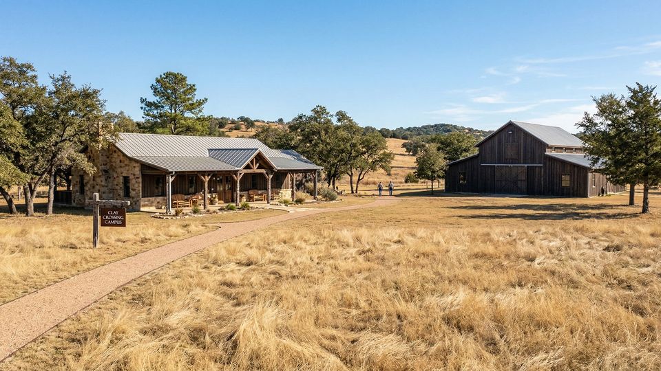 The rural Oklahoma addiction treatment campus features functional buildings and expansive grounds for residential care.