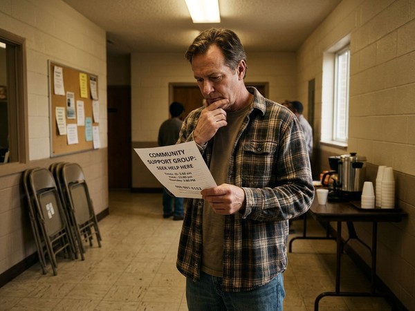 A man thoughtfully decides to seek professional help for alcohol use disorder while reflecting in a quiet setting.