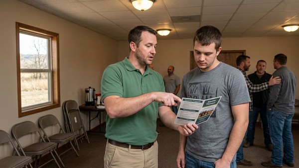 A dedicated staff member explains a helpful informational flyer to a resident at the men's rehab center.