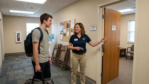 A supportive staff member shows a new patient to their private room at the residential men's addiction treatment center.