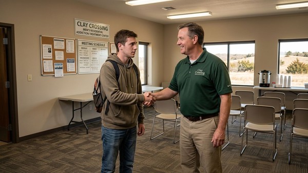 A professional rehab staff member warmly welcomes a new patient upon arrival to the residential treatment center.