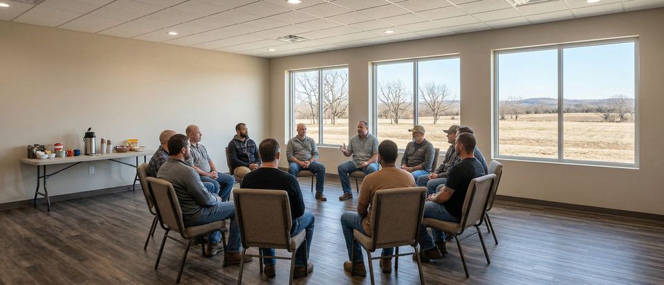 A group of men participates in a supportive therapy session at the residential addiction treatment center.