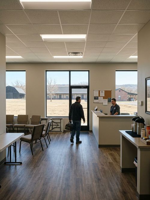 A man enters the welcoming front desk lobby area of the facility, featuring sturdy architecture and natural light.